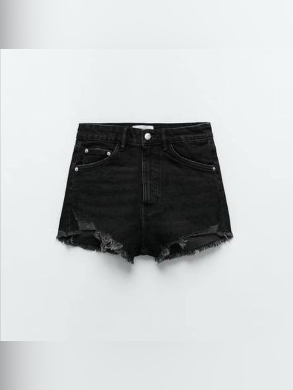 Zara High Rise Black Wash Raw Hem Distressed Denim Jean Shorts - Picture 1 of 12